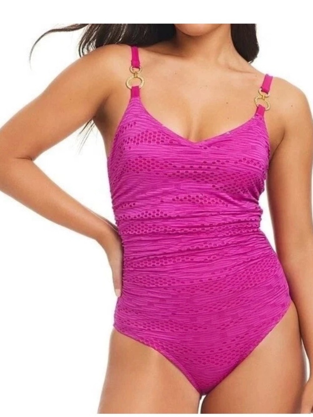 Beyond Control Fuchsia Ruched One-Piece Swimsuit with Decorative Ring Straps